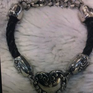 Brighton rare black leather w/ a silver heart vintage bracelet